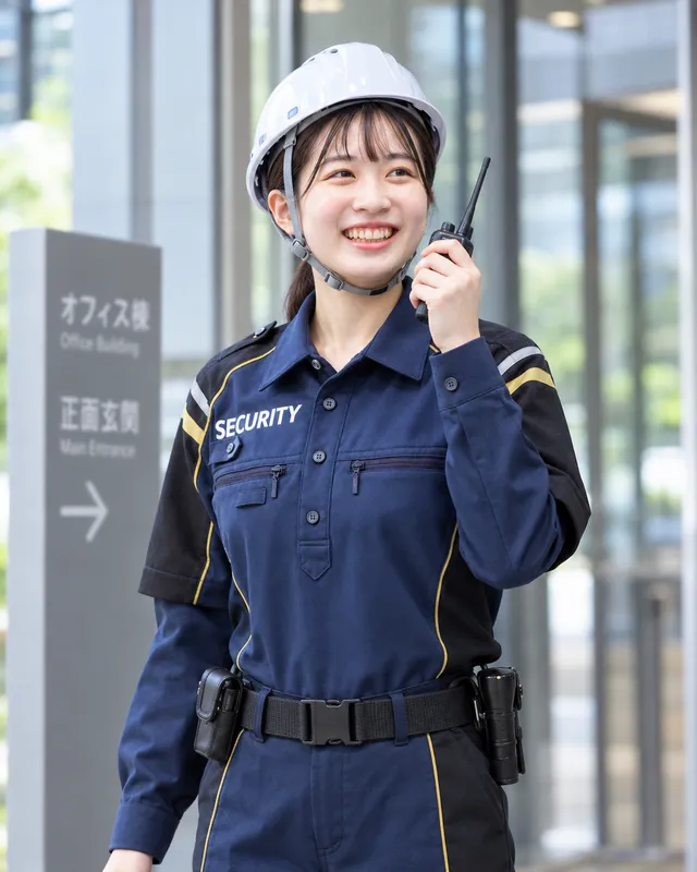オフィスビルの前で無線を持つ警備員