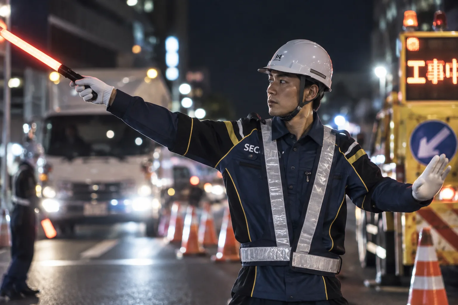夜間の道路工事で交通誘導を行う警備員