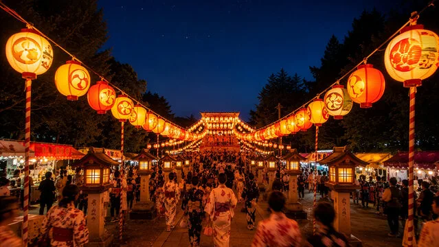 提灯が並ぶ夏祭りの参道